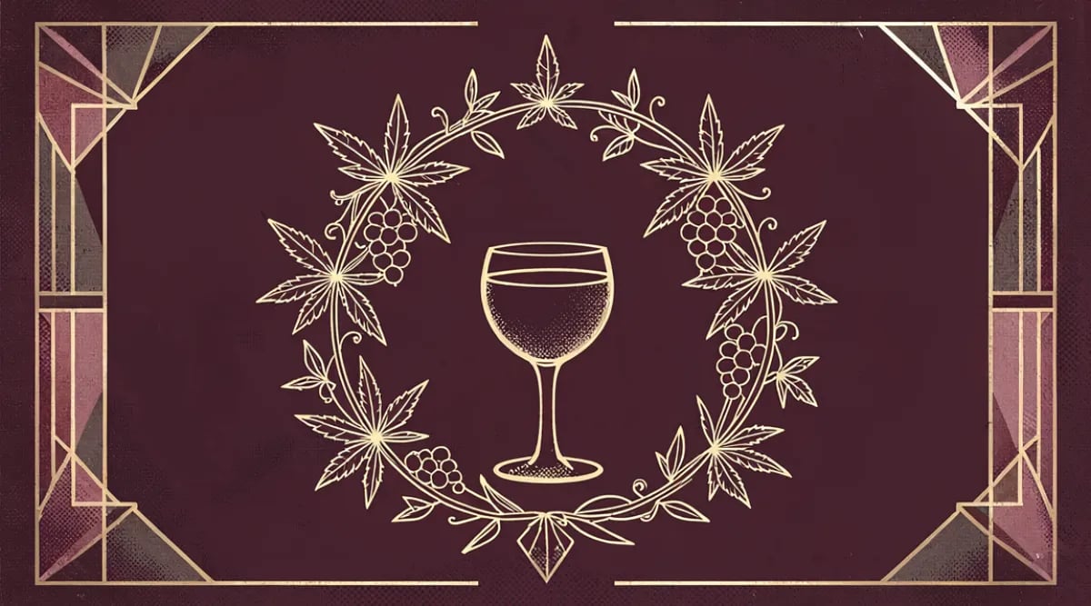 Hoja de cannabis y copa de vino tinto en ambiente elegante de cata