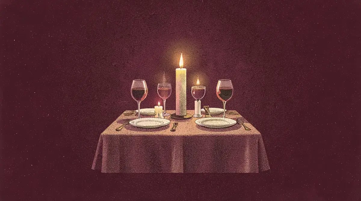 Mesa elegante de cena romantica con copas de vino y velas