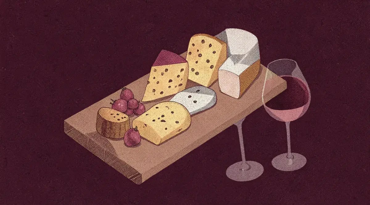 Mesa elegante con tabla de quesos artesanales, copas de vino tinto y blanco, frutos secos y miel sobre madera rústica