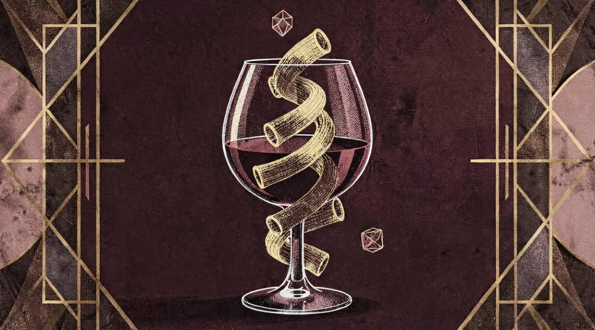 Diferentes pastas con salsas variadas y copas de vino