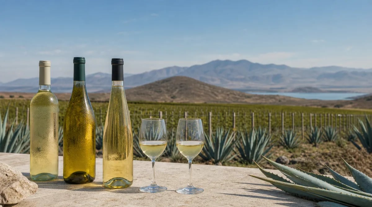 Selección de vinos blancos mexicanos frente a un viñedo