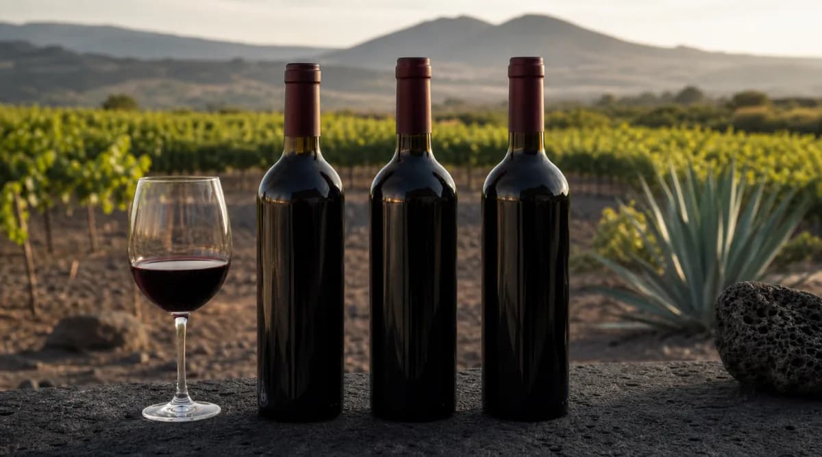Selección editorial de vinos tintos mexicanos frente a un viñedo