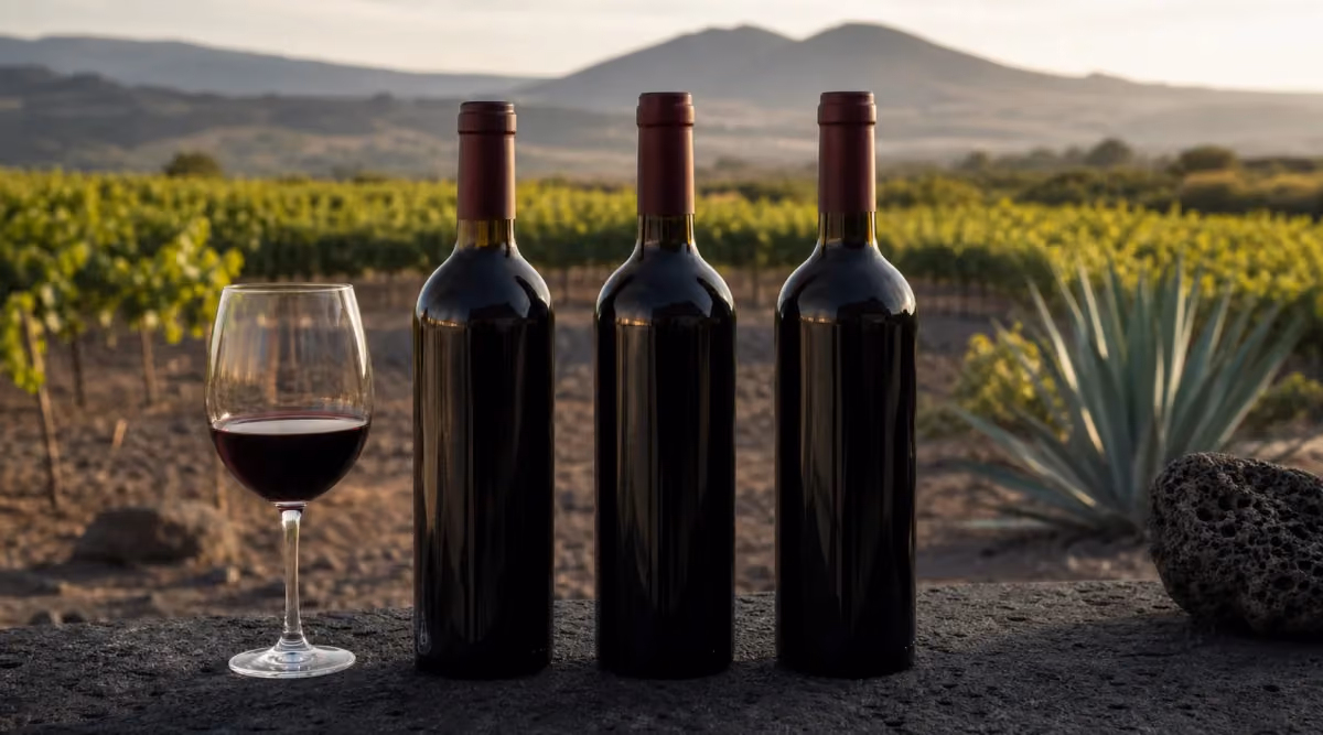 Selección editorial de vinos tintos mexicanos frente a un viñedo