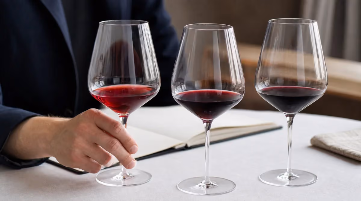 Sommelier comparando tres estilos de vino tinto mexicano en una mesa de cata