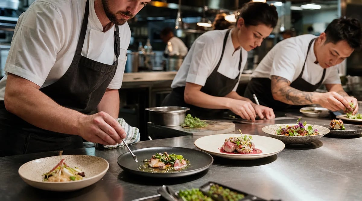 Equipo de cocina coordinando los pases de un menú degustación en un restaurante