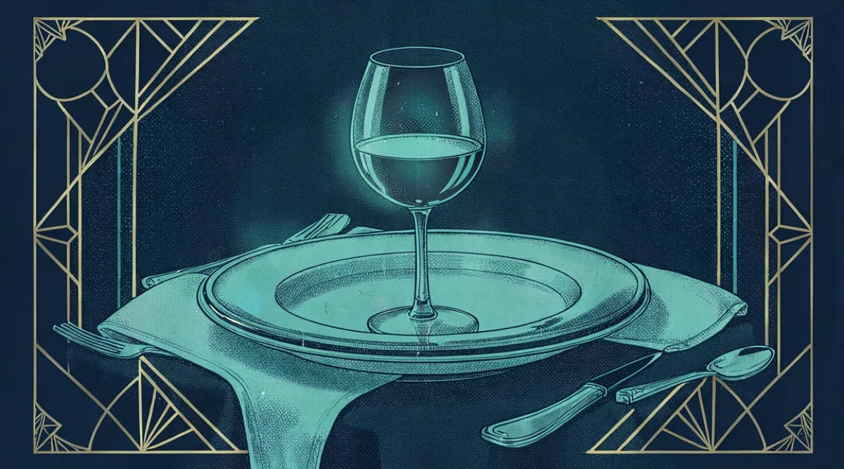 Carta de precios sobre mesa de restaurante fine dining con copas de vino