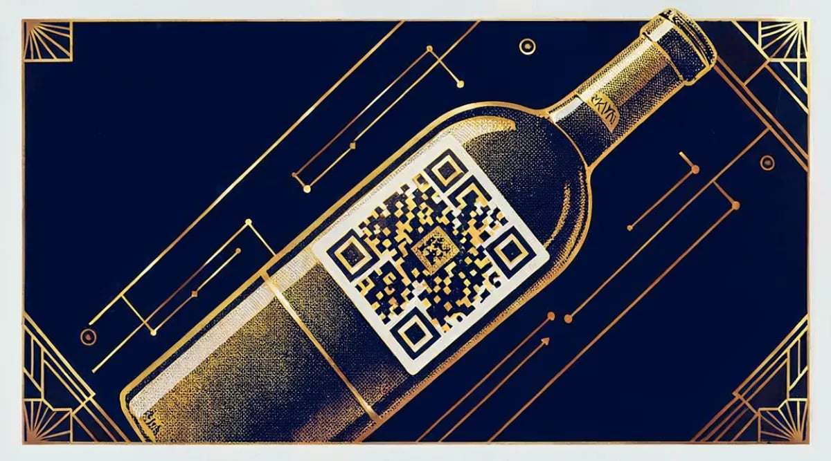 Código QR siendo escaneado en botella de vino con smartphone en cava de restaurante