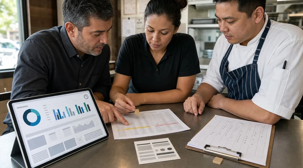 Equipo de restaurante concilia un reporte con el cierre de ventas y el conteo de inventario