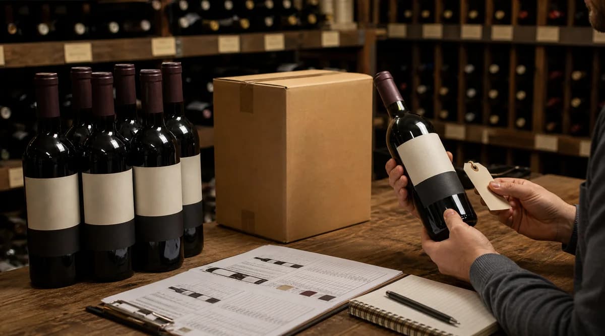 Varias botellas representan una referencia, una caja un lote y una botella etiquetada una instancia