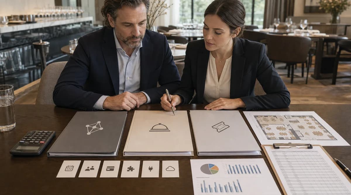 Equipo de restaurante comparando contratos y costos de tres carteras de reservaciones