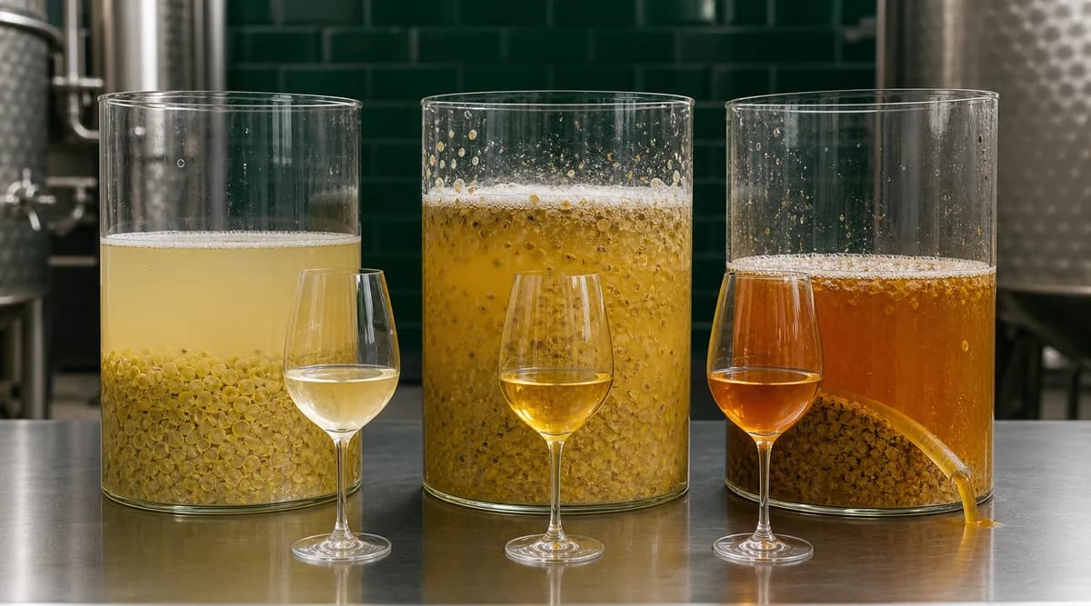 Tres depósitos muestran mosto de uva blanca con pieles antes, durante y después de fermentar