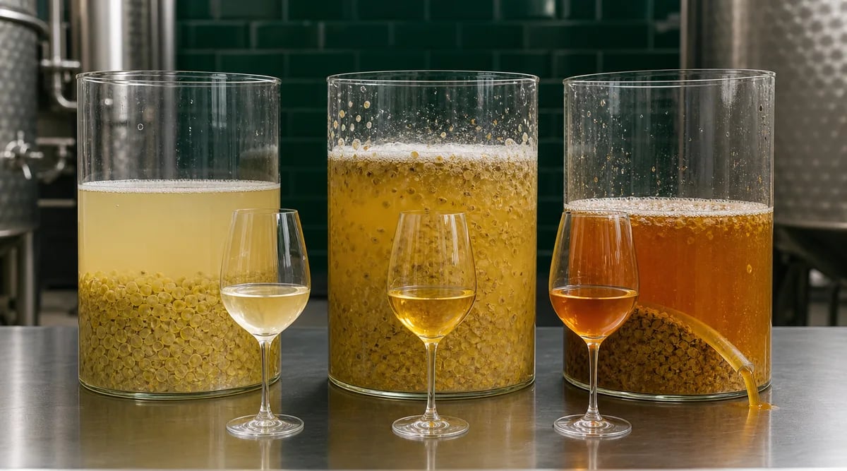 Tres depósitos muestran mosto de uva blanca con pieles antes, durante y después de fermentar