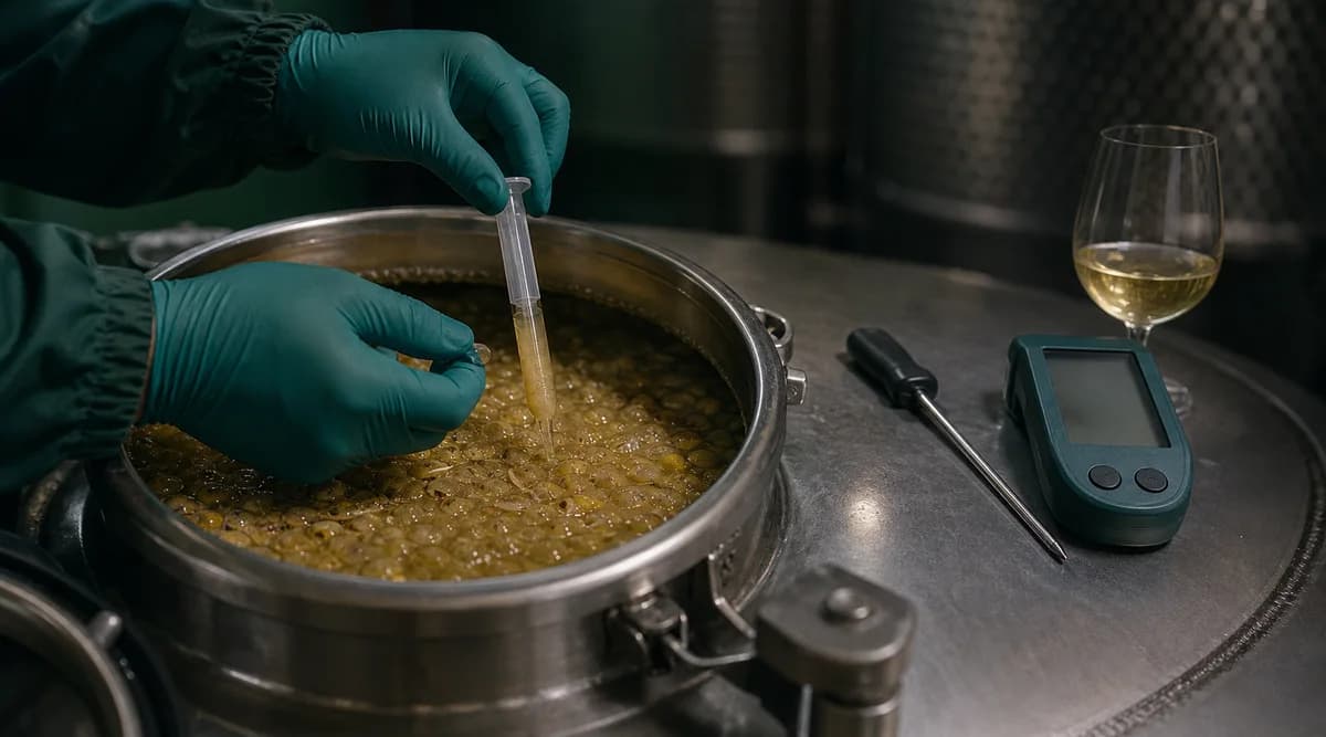 Manos con guantes toman una muestra de mosto con pieles junto a instrumentos de control