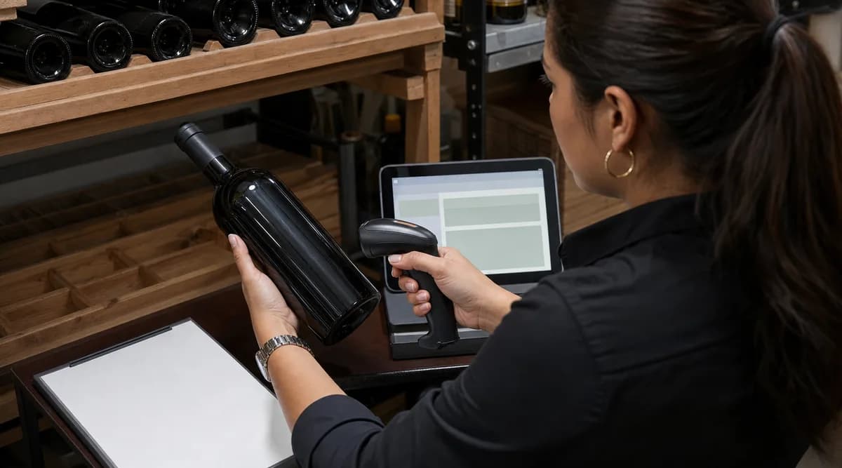 Responsable de bebidas escaneando una botella durante el conteo de la cava
