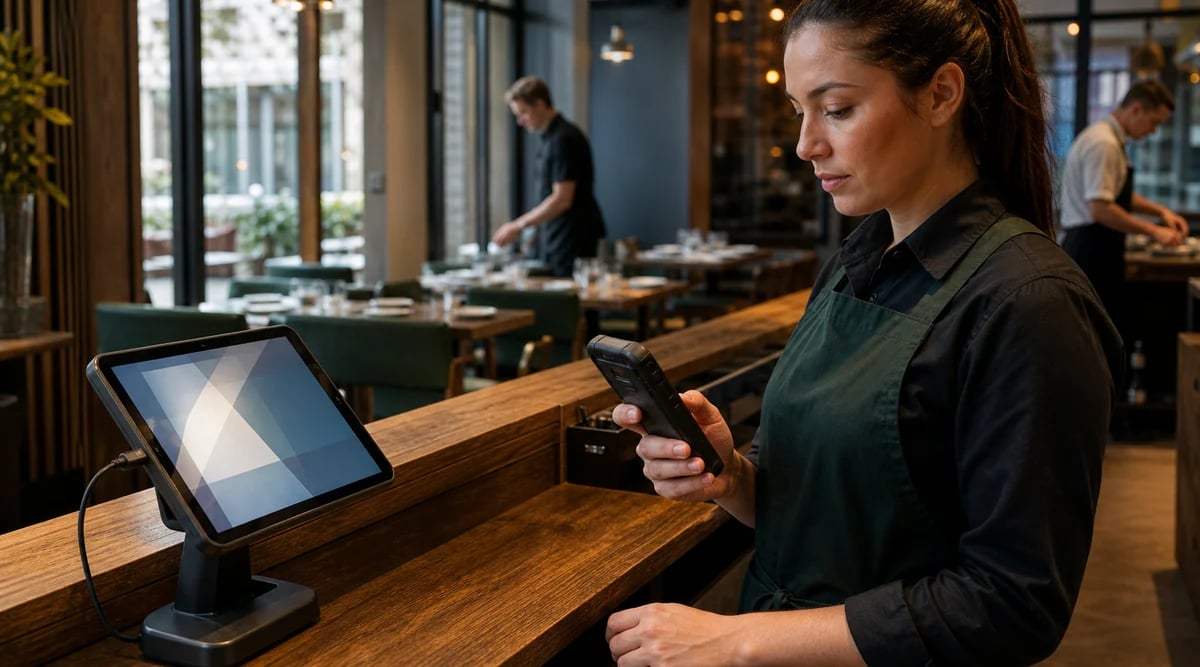 Tablet fija y teléfono de trabajo en una estación operativa de restaurante