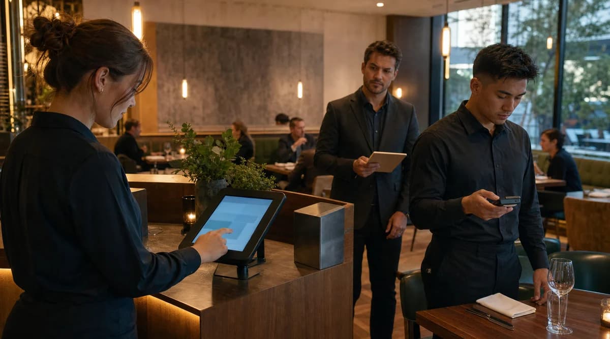 Anfitriona usa una tableta en recepción mientras un mesero prueba un handheld en sala