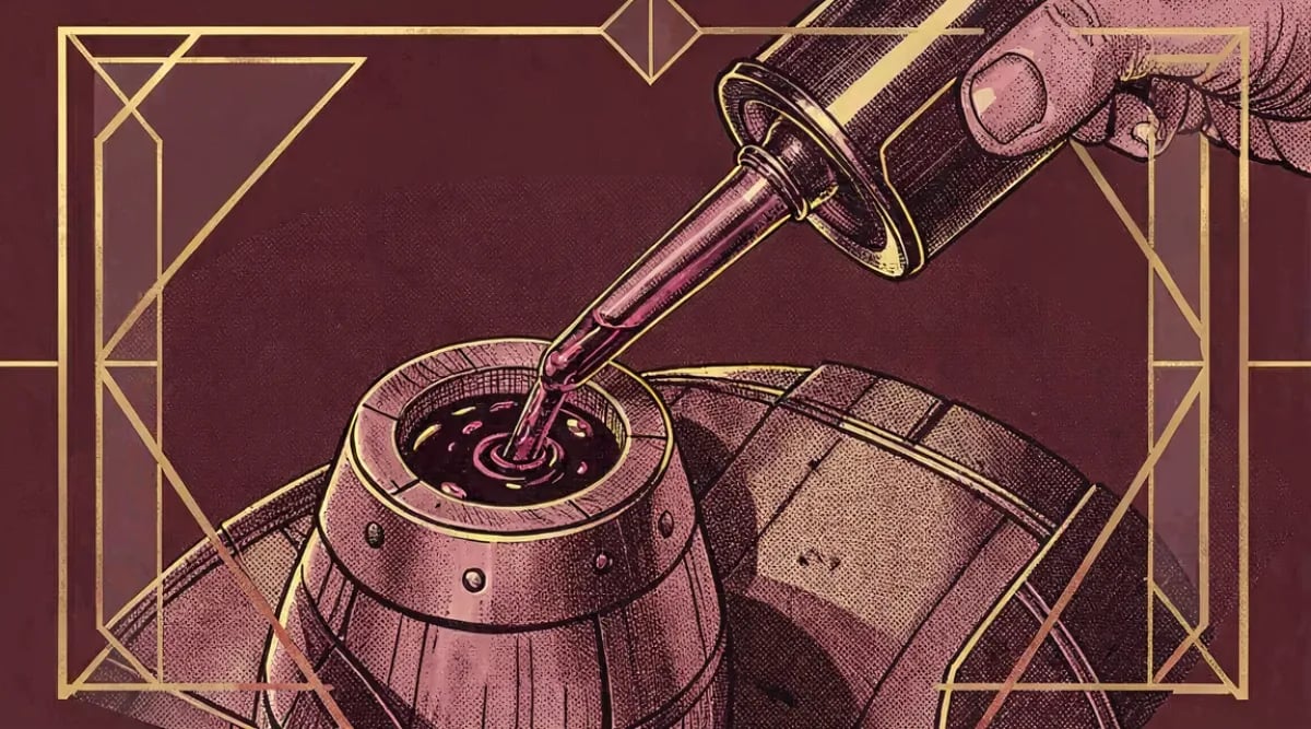 Termómetro digital insertado en una botella de vino tinto junto a una cubitera con hielo