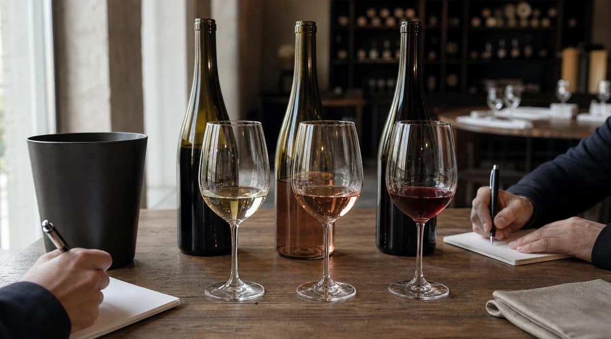 Tres copas se evalúan lado a lado durante una cata profesional de vinos NoLo