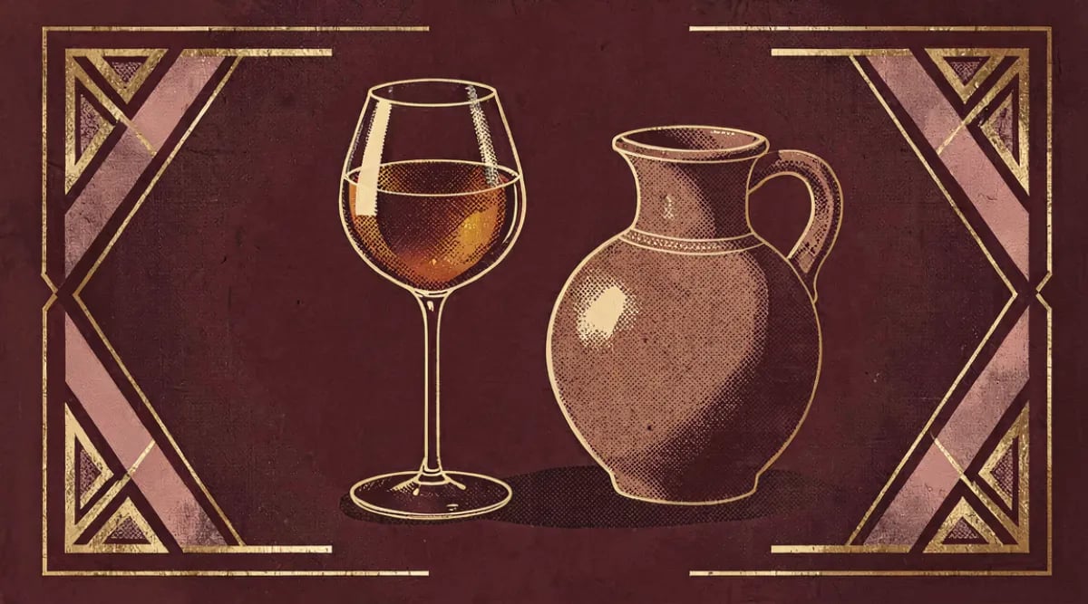 Copa de vino naranja con tonalidad ámbar dorado sobre mesa de restaurante