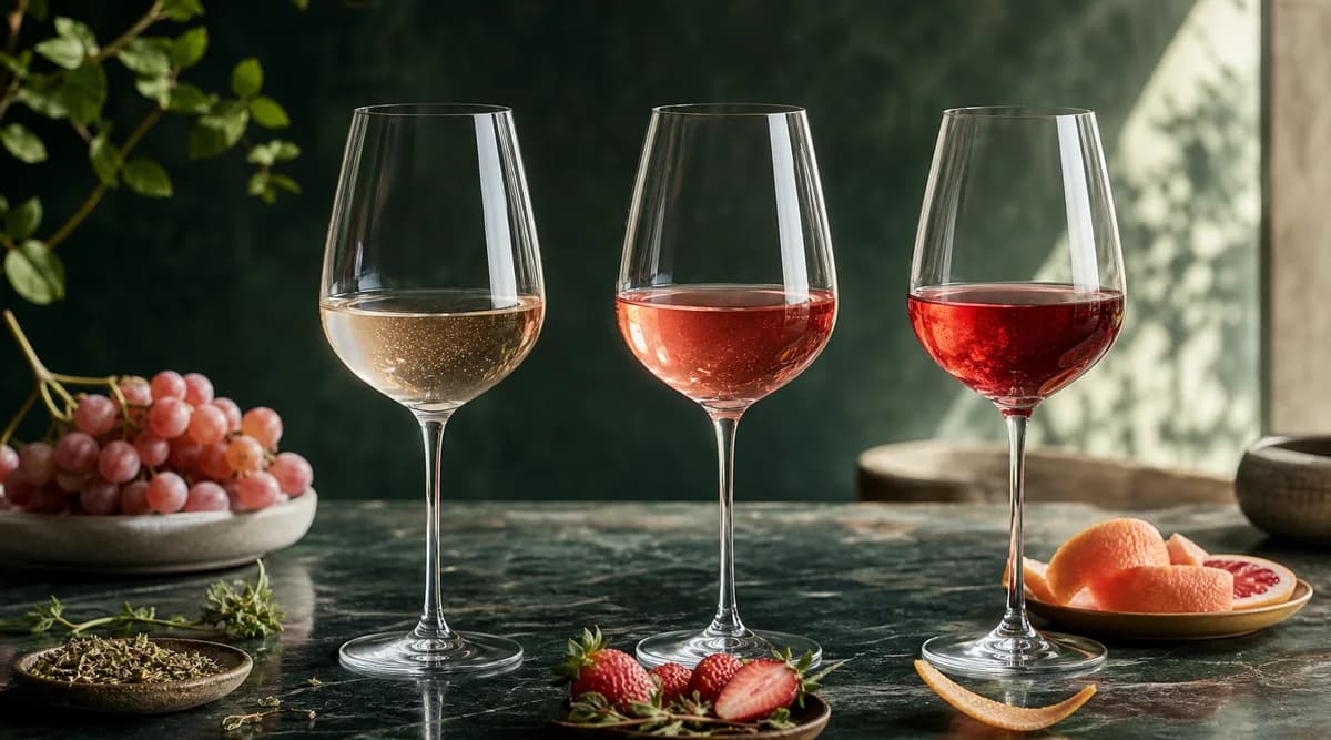 Tres copas de vino rosado en tonos rosa pálido, salmón y coral con frutas y hierbas