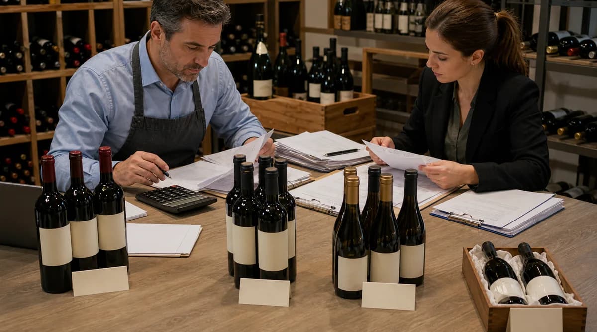 Responsables concilian grupos de botellas con documentos de compra y registros contables