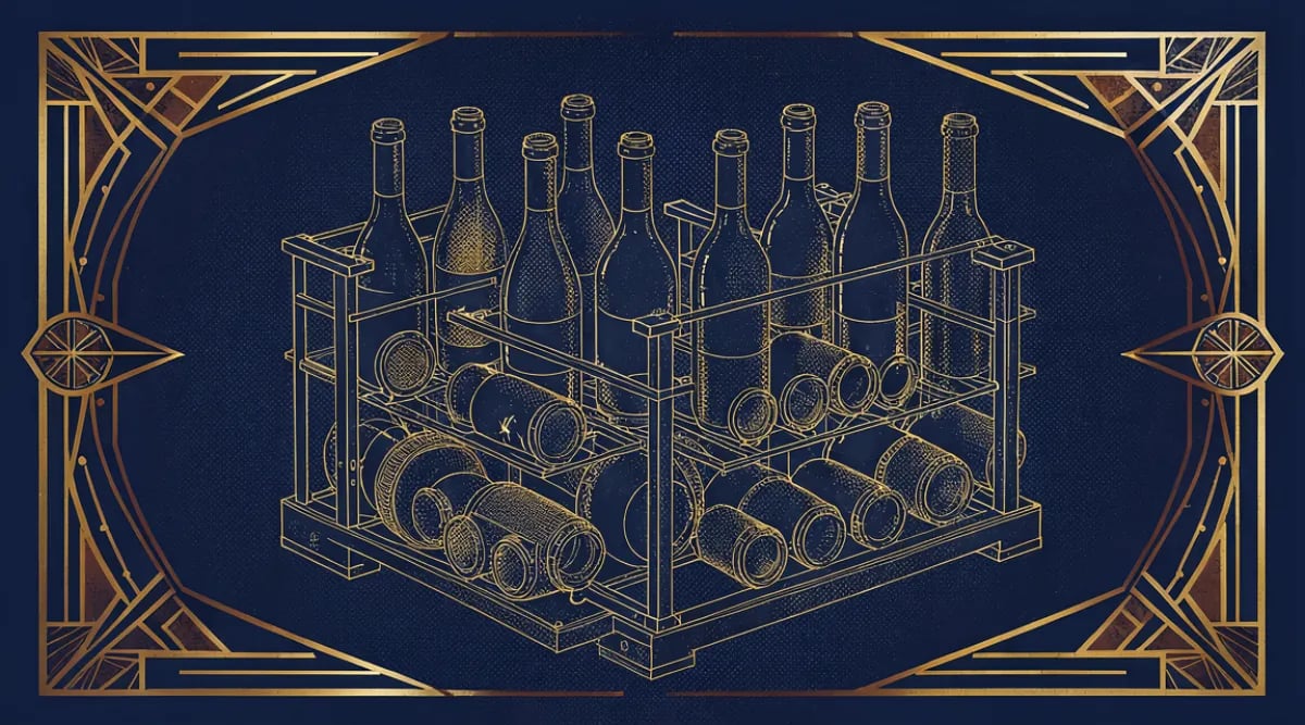 Botellas de vino almacenadas en estante con fuente de vibración cercana en cava de restaurante