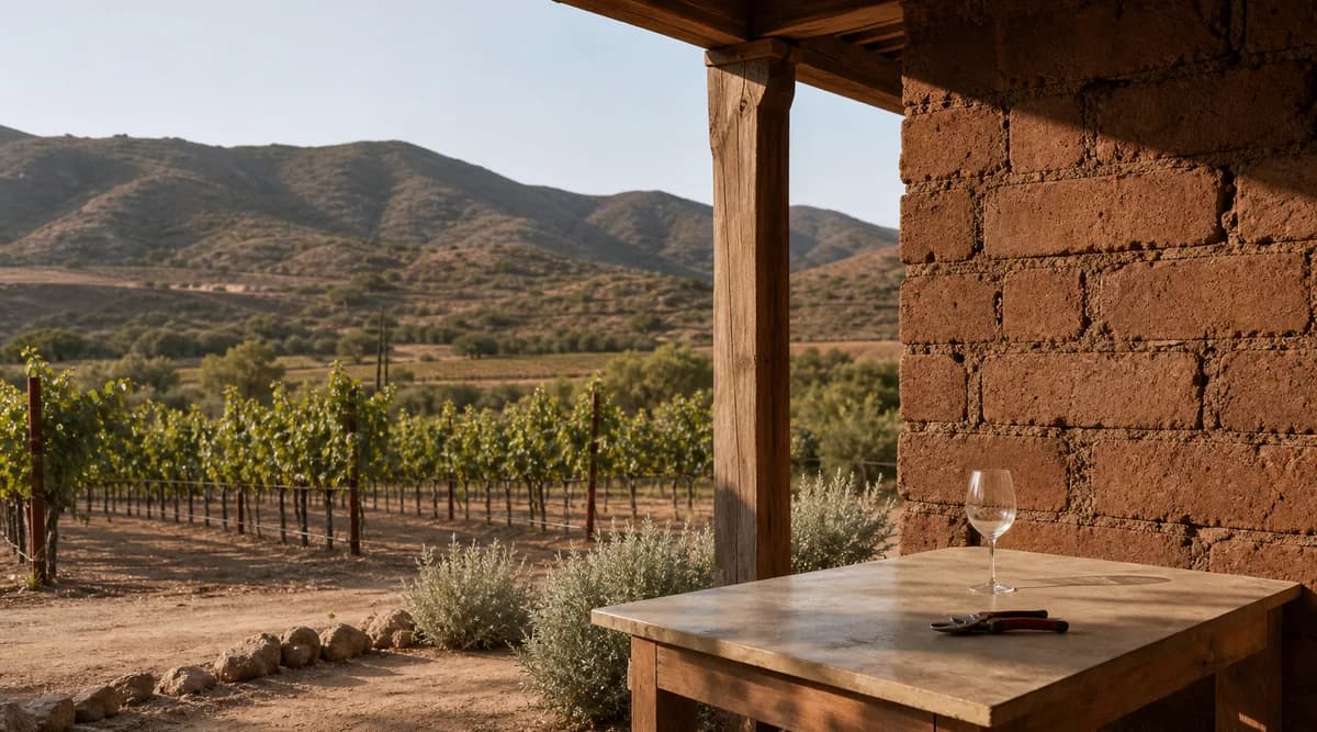 Bodega de ladrillo de tierra junto a viñedos secos de Baja California