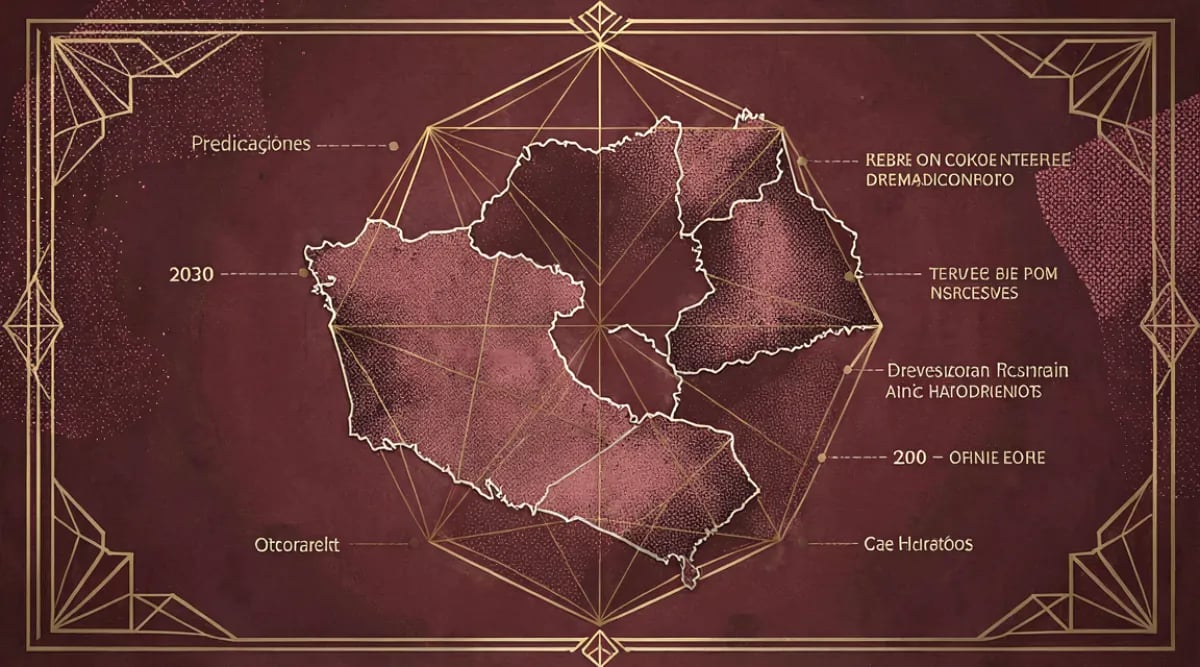Viñedo futurista con tecnología integrada y horizonte al atardecer simbolizando el futuro del vino