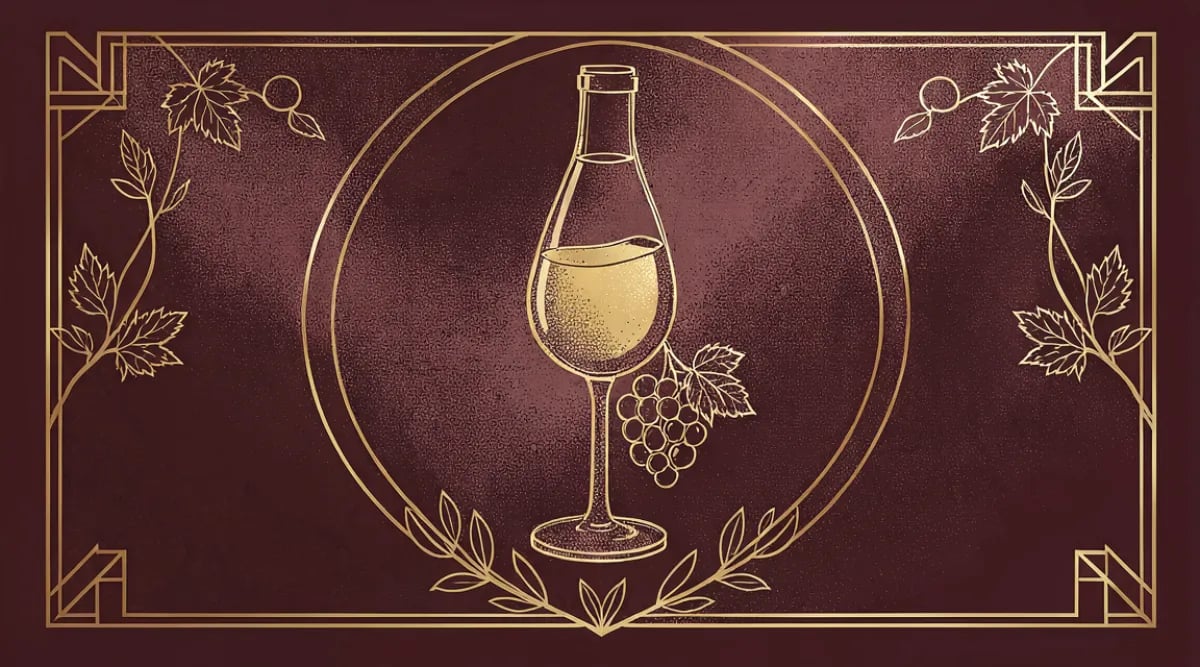 Copa de vino dulce dorado tipo Sauternes servida con postre de frutas