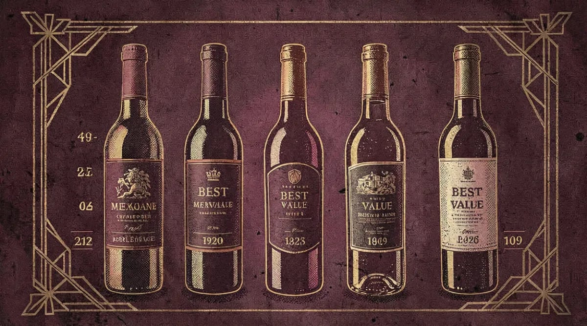 Botellas de vino mexicano gama media con copas servidas en barra de restaurante
