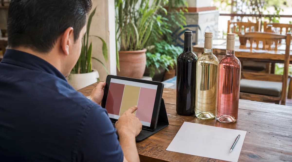 Responsable de bebidas comparando tres vinos con una tableta y una hoja de presupuesto