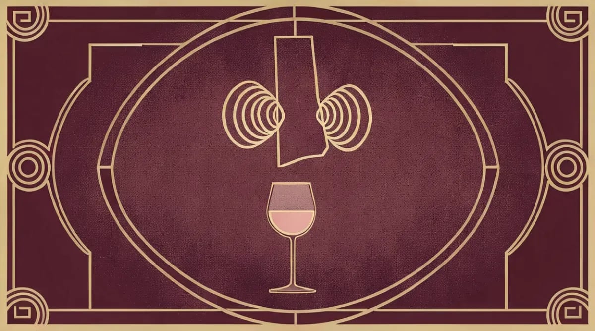 Glosario de términos del vino con copa de tinto y cuaderno de notas de cata sobre mesa