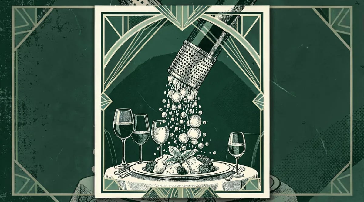Mesa de wine dinner en restaurante fine dining con copas de vino y platos de degustación elegantemente presentados