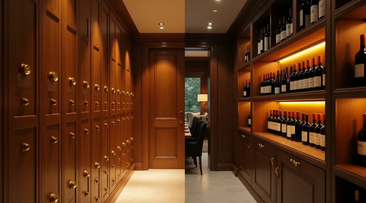 Cava privada en restaurante fine dining y cava de coleccionista privado en composición editorial