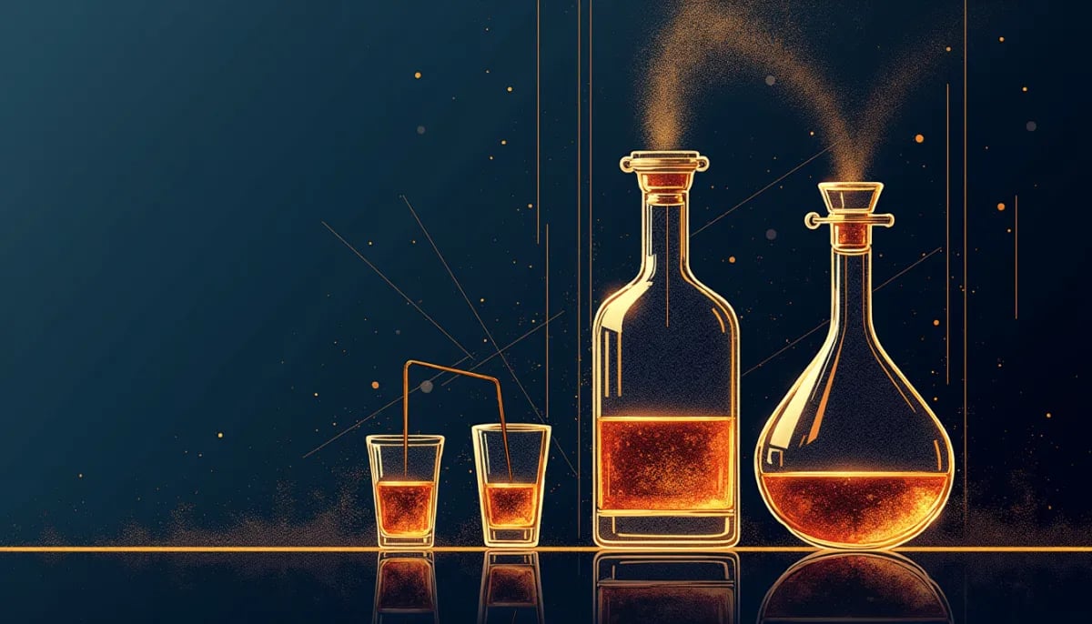 Copa tulipán con cognac dorado y botella sobre mesa de roble