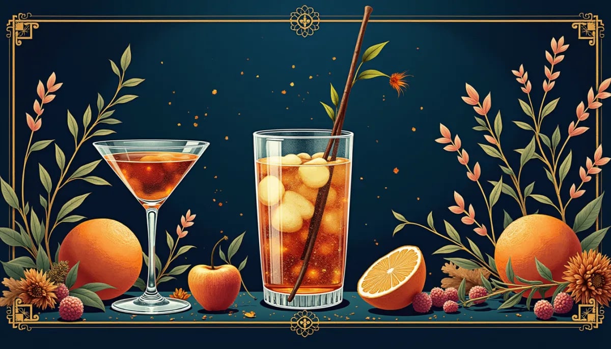 Copa de ron añejo con tonalidad ámbar oscuro junto a barrica de roble en bodega caribeña