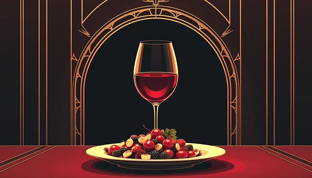 Copa de vino tinto junto a plato de sushi con señal de incompatibilidad visual