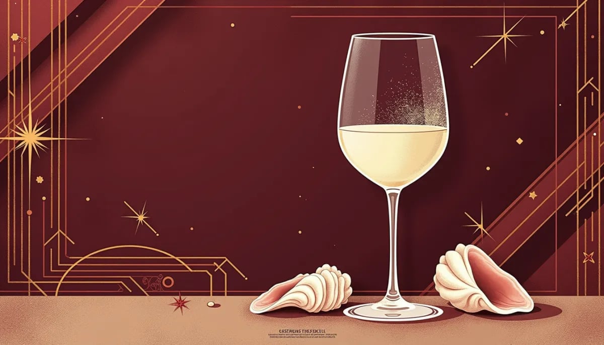 Copa de vino Albariño con reflejos dorados y rías gallegas con bateas de mejillones al fondo