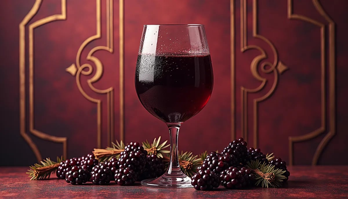 Copa de vino Cabernet Sauvignon con color rubí intenso junto a racimo de uvas oscuras de piel gruesa