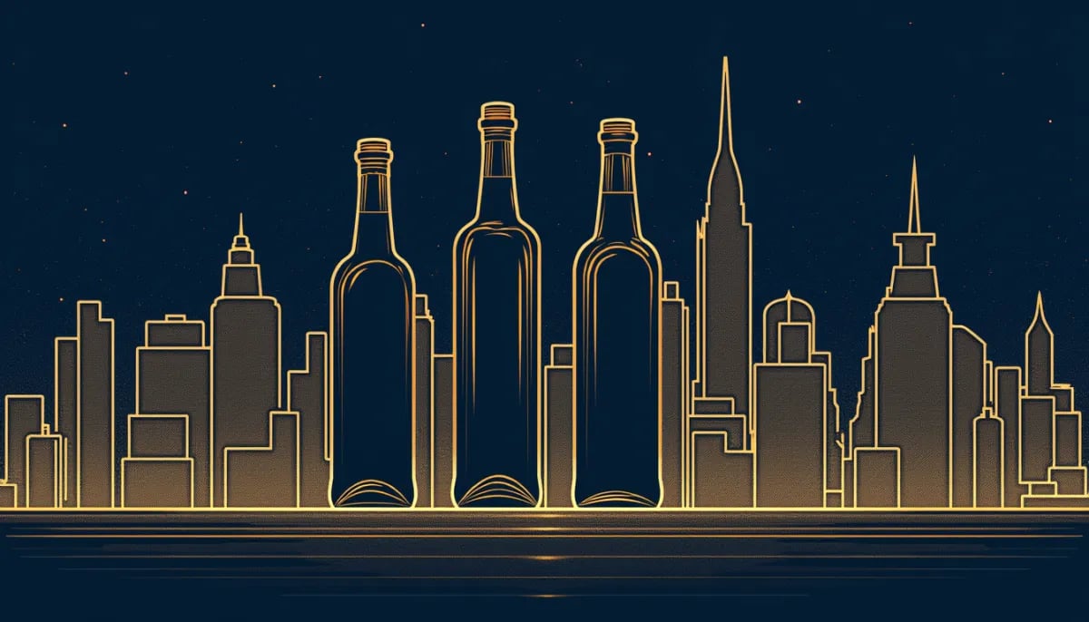 Copa flauta de cava español con burbujas finas y botella al fondo