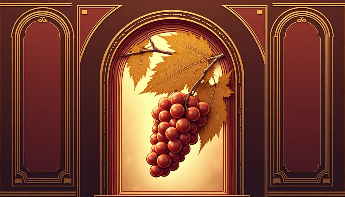 Racimos de uvas doradas sobremaduradas en la vid durante otoño tardío con hojas amarillas de fondo