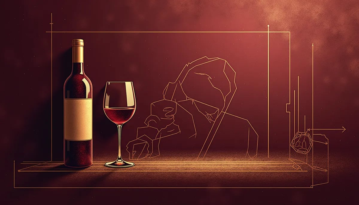 Copa de Moscatel dorado con racimo de uvas aromáticas y viñedos mediterráneos al fondo