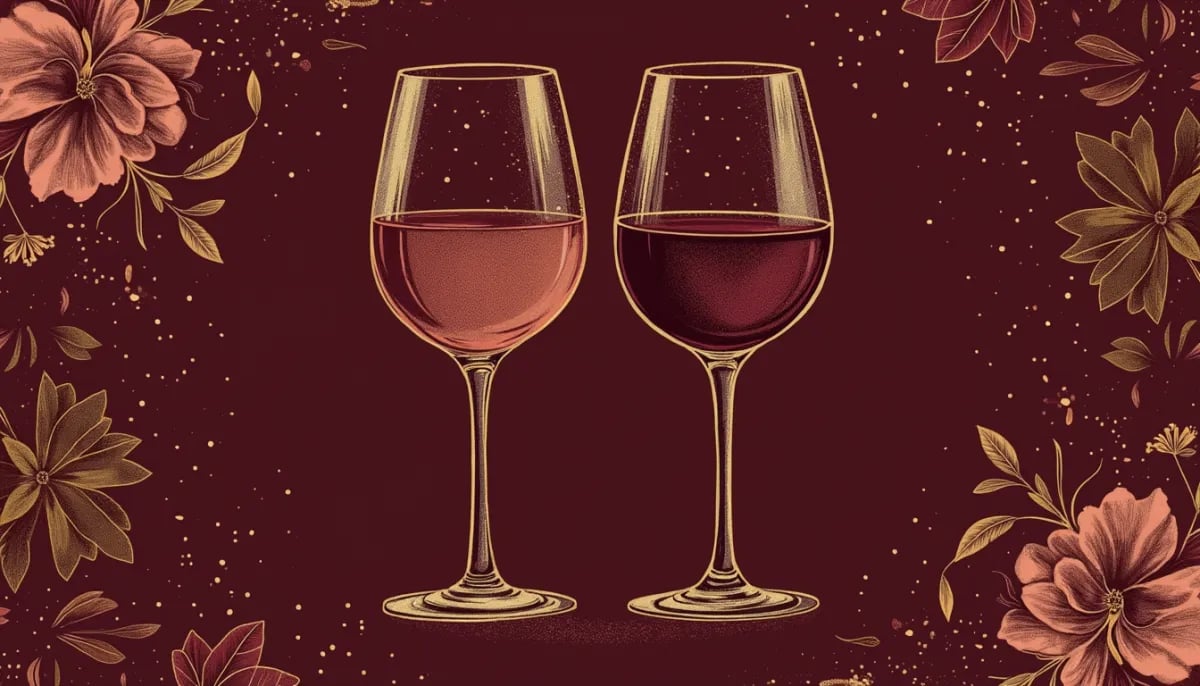 Copa de vino Pinot Grigio con reflejos dorados y racimo de uvas grisáceas