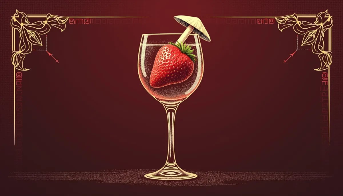 Copa de vino Pinot Noir con tonos rubí translúcidos junto a racimos de uva negra en viñedo de clima frío