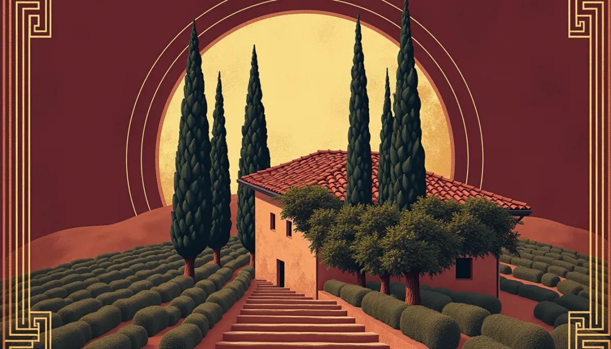 Copa de vino Sangiovese con tonos rubí brillante y paisaje toscano de cipreses