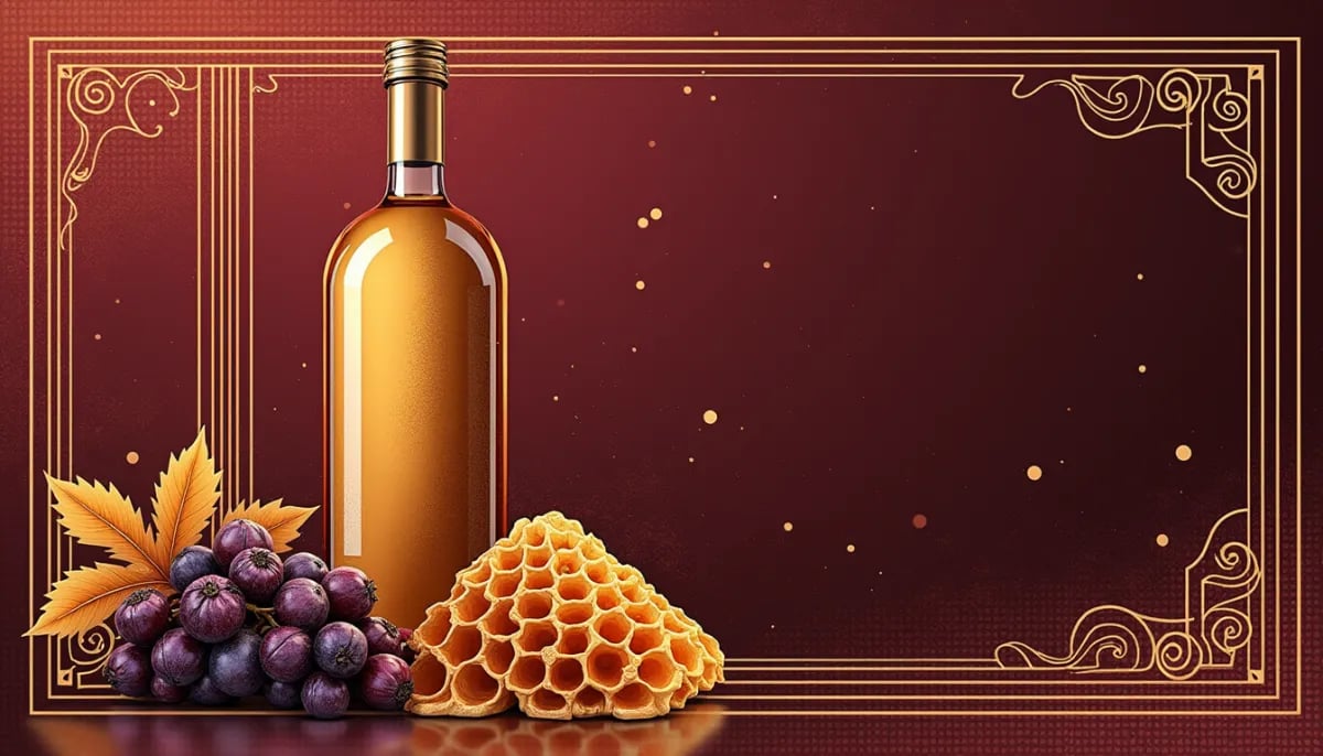 Copa de vino Sauternes dorado junto a uvas afectadas por botrytis cinerea en viñedo de Burdeos