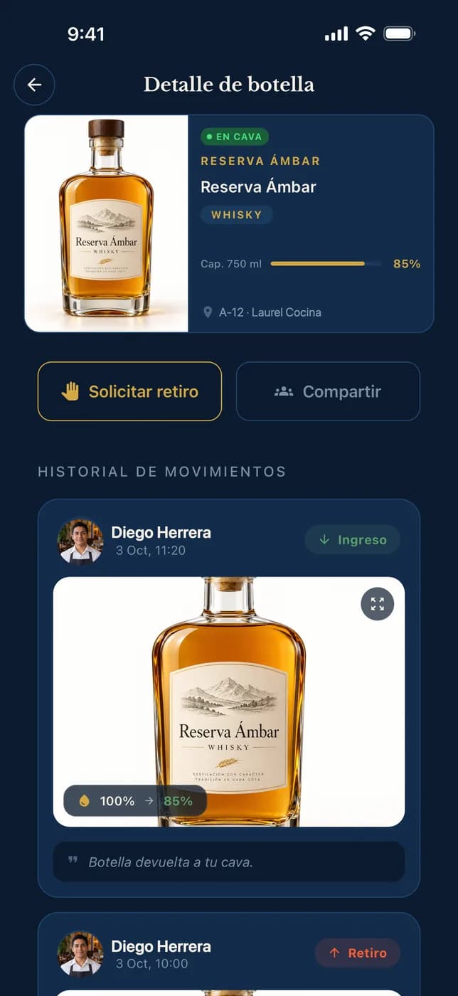 Expediente de una botella con nivel actual e historial de movimientos con foto