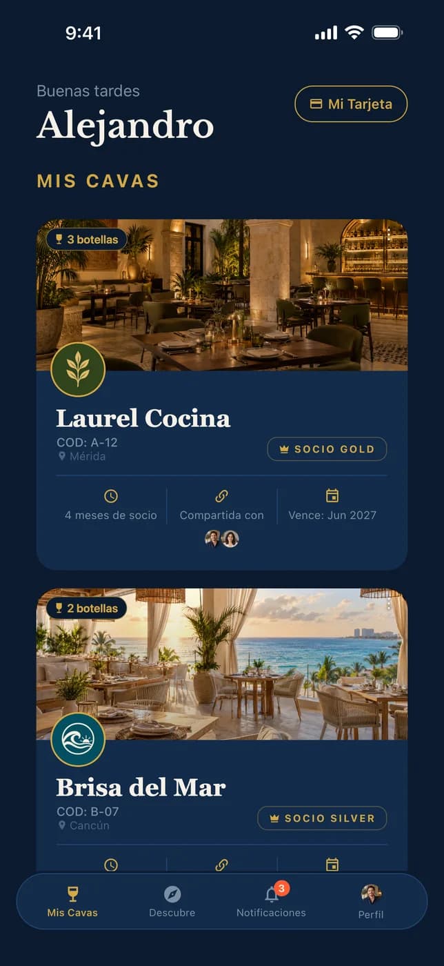 App del cliente con sus cavas en dos restaurantes distintos